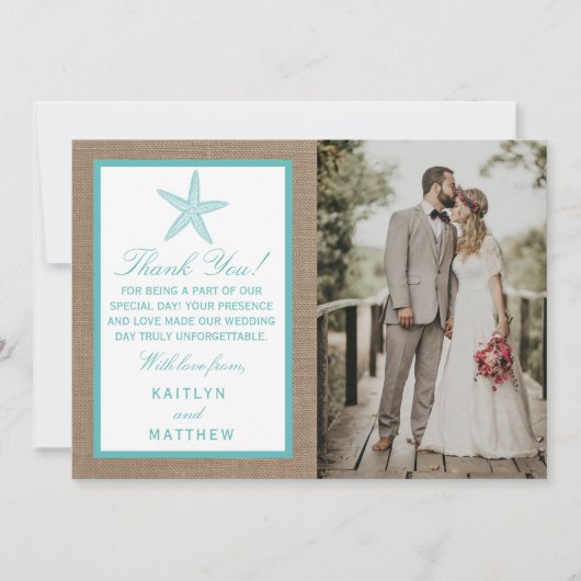 Turquoise Starfish Burlap Beach Wedding Collection Dankeskarte (Vorderseite)