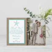 Turquoise Starfish Burlap Beach Wedding Collection Dankeskarte (Stehend Vorderseite)