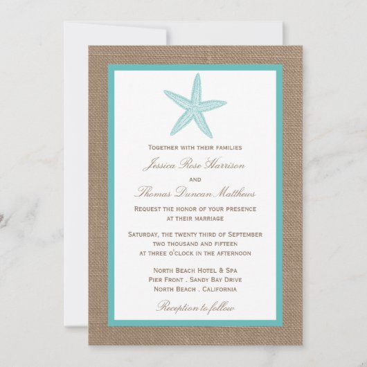 Turquoise Starfish Burlap Beach Wedding Collection Einladung (Vorderseite)