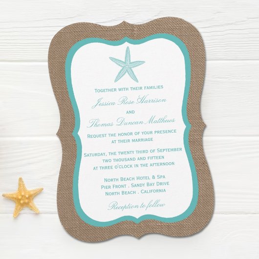 Turquoise Starfish Burlap Beach Wedding Collection Einladung