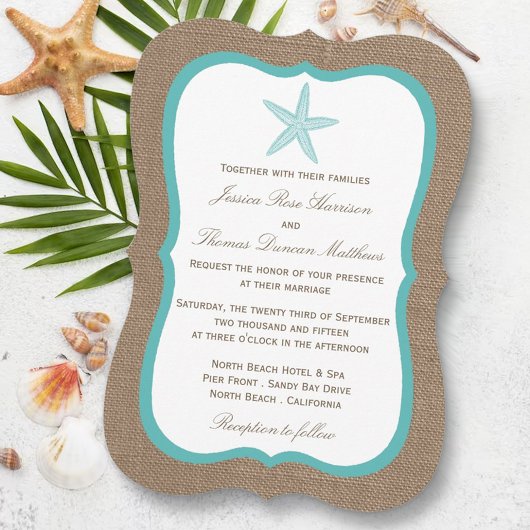 Turquoise Starfish Burlap Beach Wedding Collection Einladung