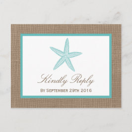 Turquoise Starfish Burlap Beach Wedding Collection Einladungspostkarte