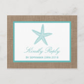 Turquoise Starfish Burlap Beach Wedding Collection Einladungspostkarte (Vorderseite)