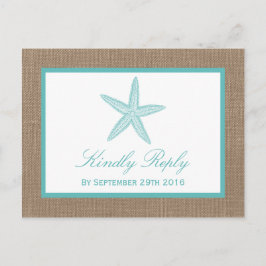 Turquoise Starfish Burlap Beach Wedding Collection Einladungspostkarte