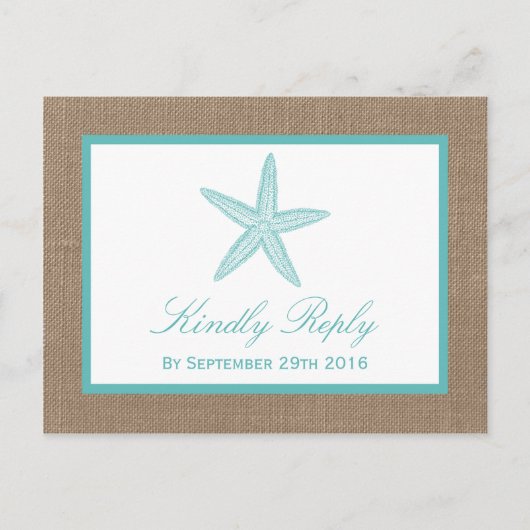 Turquoise Starfish Burlap Beach Wedding Collection Einladungspostkarte (Vorderseite)