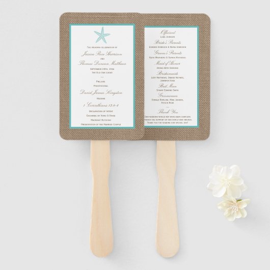 Turquoise Starfish Burlap Beach Wedding Collection Fächer (Vorne und Hinten)
