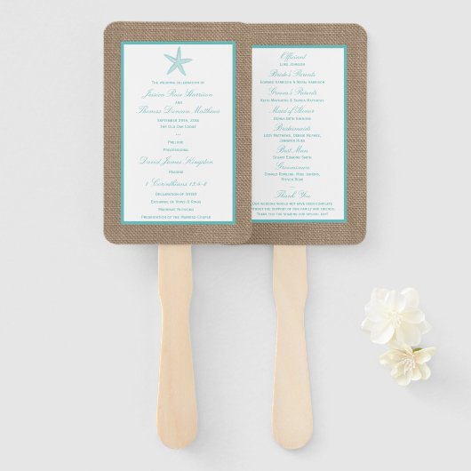 Turquoise Starfish Burlap Beach Wedding Collection Fächer (Vorne und Hinten)