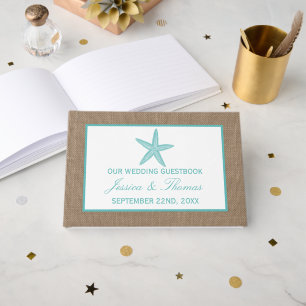 Turquoise Starfish Burlap Beach Wedding Collection Gästebuch