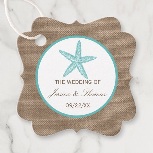 Turquoise Starfish Burlap Beach Wedding Collection Geschenkanhänger (Vorderseite)