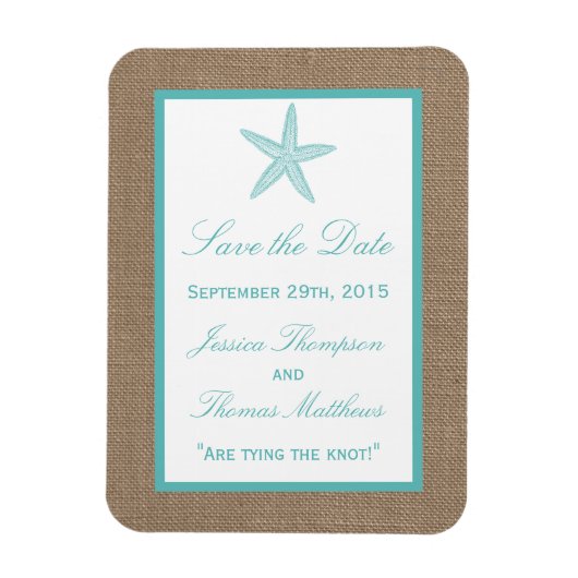Turquoise Starfish Burlap Beach Wedding Collection Magnet (Vertikal)
