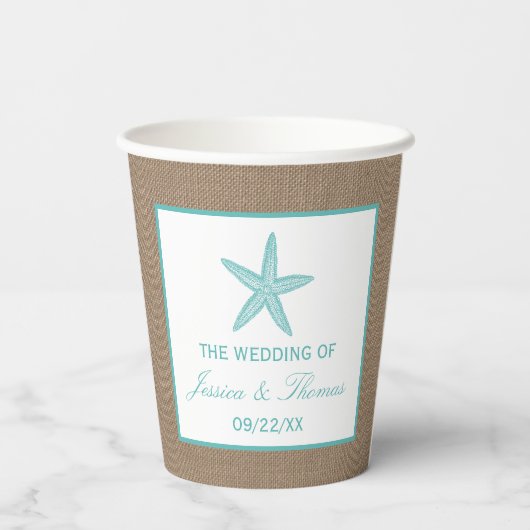 Turquoise Starfish Burlap Beach Wedding Collection Pappbecher (Rückseite)