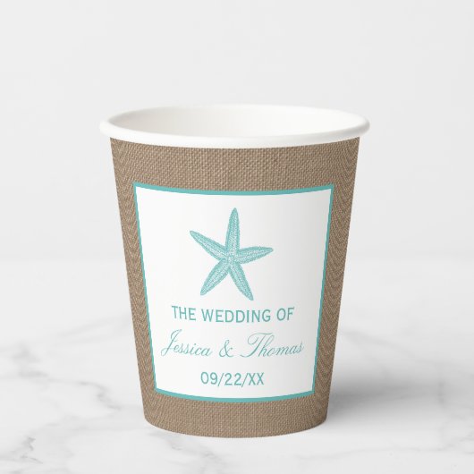 Turquoise Starfish Burlap Beach Wedding Collection Pappbecher (Vorderseite)