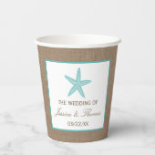 Turquoise Starfish Burlap Beach Wedding Collection Pappbecher (Rückseite)