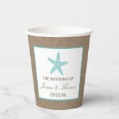 Turquoise Starfish Burlap Beach Wedding Collection Pappbecher (Vorderseite)