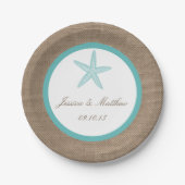 Turquoise Starfish Burlap Beach Wedding Collection Pappteller (Vorderseite)