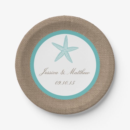 Turquoise Starfish Burlap Beach Wedding Collection Pappteller (Vorderseite)