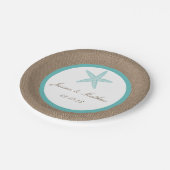 Turquoise Starfish Burlap Beach Wedding Collection Pappteller (Schrägansicht)