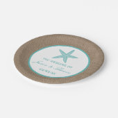 Turquoise Starfish Burlap Beach Wedding Collection Pappteller (Schrägansicht)
