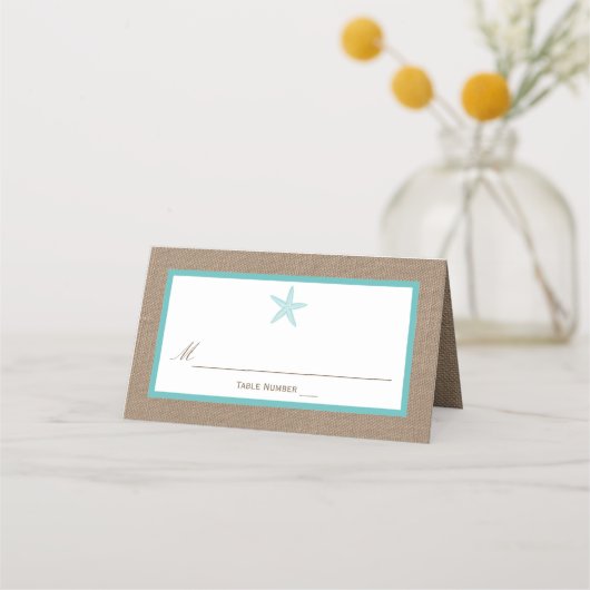 Turquoise Starfish Burlap Beach Wedding Collection Platzkarte (Vorderseite)