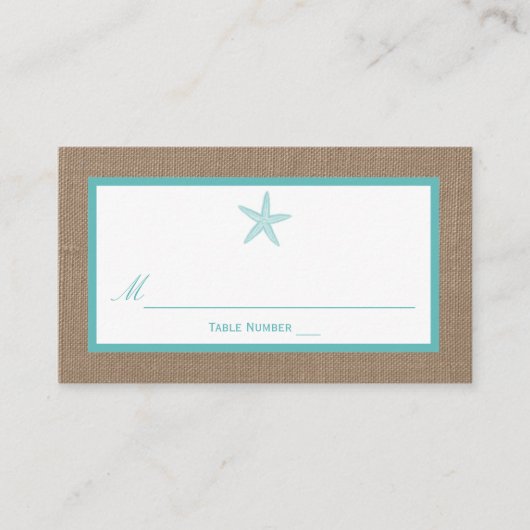 Turquoise Starfish Burlap Beach Wedding Collection Platzkarte (Vorderseite)