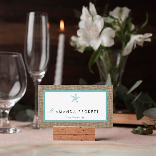 Turquoise Starfish Burlap Beach Wedding Collection Platzkarte