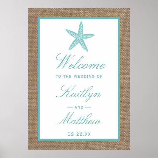 Turquoise Starfish Burlap Beach Wedding Collection Poster (Vorne)