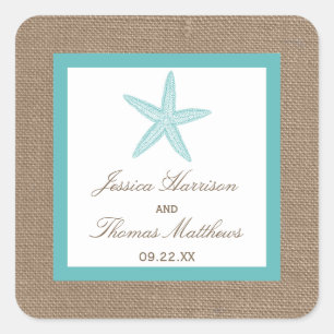 Turquoise Starfish Burlap Beach Wedding Collection Quadratischer Aufkleber