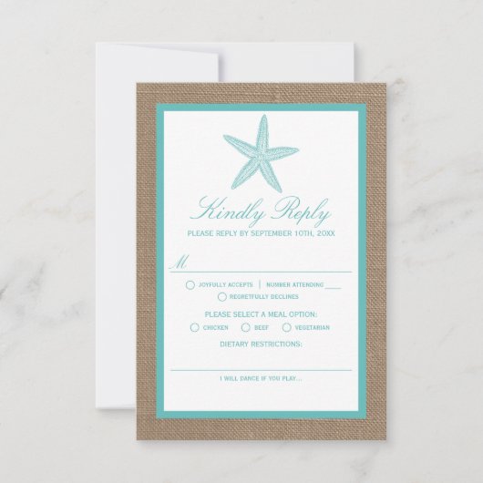 Turquoise Starfish Burlap Beach Wedding Collection RSVP Karte (Vorderseite)