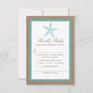 Turquoise Starfish Burlap Beach Wedding Collection RSVP Karte