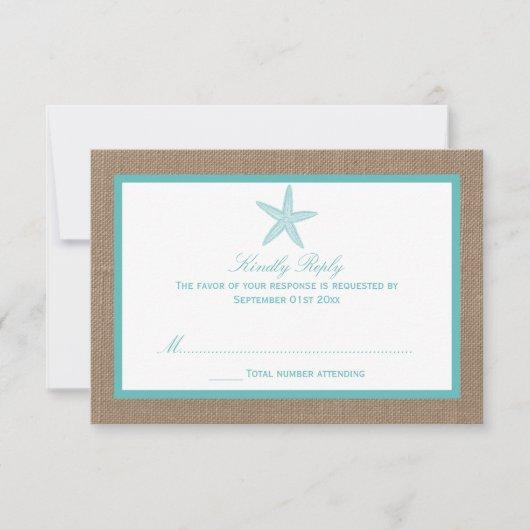 Turquoise Starfish Burlap Beach Wedding Collection RSVP Karte (Vorderseite)