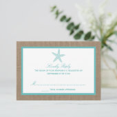 Turquoise Starfish Burlap Beach Wedding Collection RSVP Karte (Stehend Vorderseite)