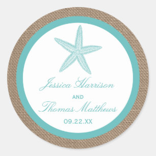 Turquoise Starfish Burlap Beach Wedding Collection Runder Aufkleber
