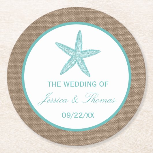 Turquoise Starfish Burlap Beach Wedding Collection Runder Pappuntersetzer (Vorderseite)