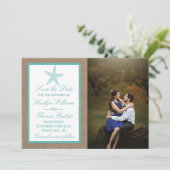 Turquoise Starfish Burlap Beach Wedding Collection Save The Date (Stehend Vorderseite)