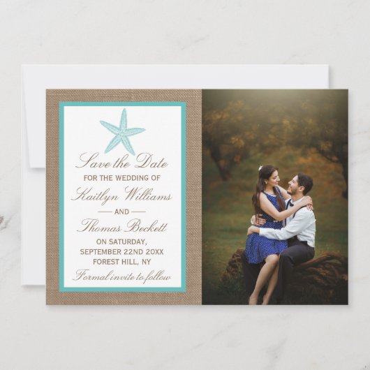 Turquoise Starfish Burlap Beach Wedding Collection Save The Date (Vorderseite)