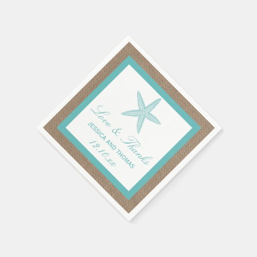 Turquoise Starfish Burlap Beach Wedding Collection Serviette (Ecke)