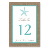 Turquoise Starfish Burlap Beach Wedding Collection Tischnummer (Vorderseite)