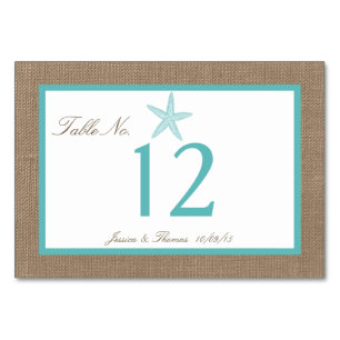 Turquoise Starfish Burlap Beach Wedding Collection Tischnummer