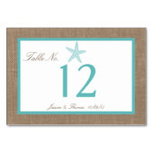 Turquoise Starfish Burlap Beach Wedding Collection Tischnummer (Rückseite)