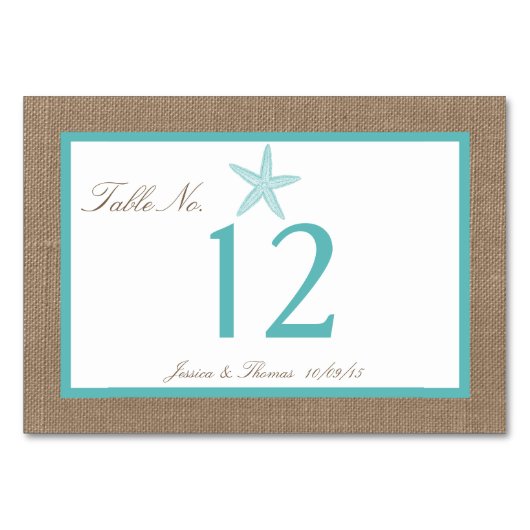 Turquoise Starfish Burlap Beach Wedding Collection Tischnummer (Vorderseite)