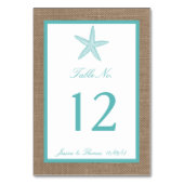 Turquoise Starfish Burlap Beach Wedding Collection Tischnummer (Vorderseite)