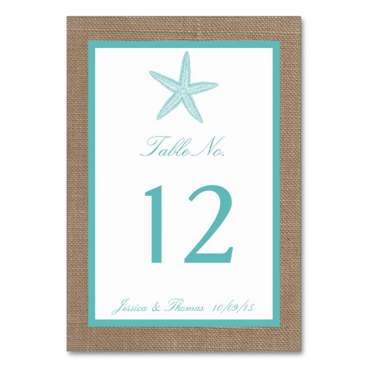 Turquoise Starfish Burlap Beach Wedding Collection Tischnummer (Vorderseite)