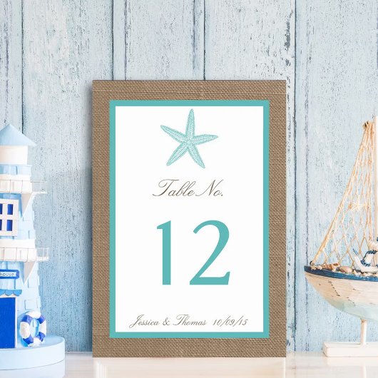 Turquoise Starfish Burlap Beach Wedding Collection Tischnummer