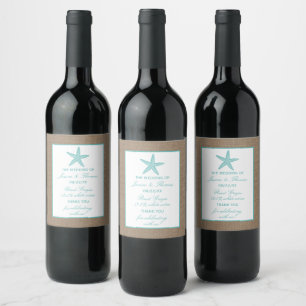 Turquoise Starfish Burlap Beach Wedding Collection Weinetikett