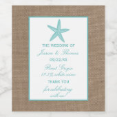 Turquoise Starfish Burlap Beach Wedding Collection Weinetikett (Einzelnes Label)