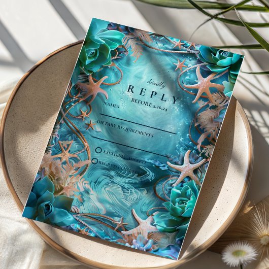 Turquoise Starfish Ocean Wedding RSVP Karte