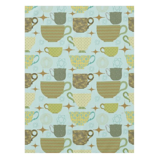 Turquoise Teacup Muster Mitte des Jahrhunderts Tischdecke (Vorderseite)