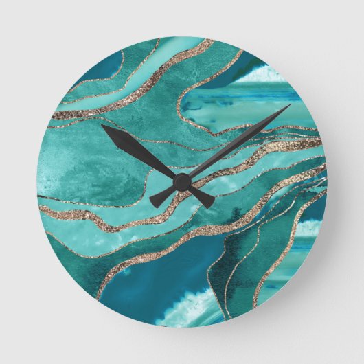Turquoise Teal Marble Agate Gold Glitter Glam #1 Runde Wanduhr (Vorderseite)
