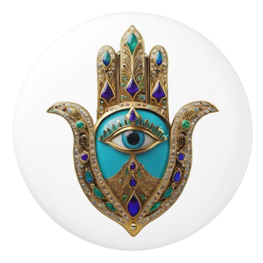 Turquoise Third Eye Hamsa Keramikknauf (Vorderseite)