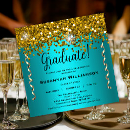 Turquoise und Gold Glitzer Graduation Party Einladung